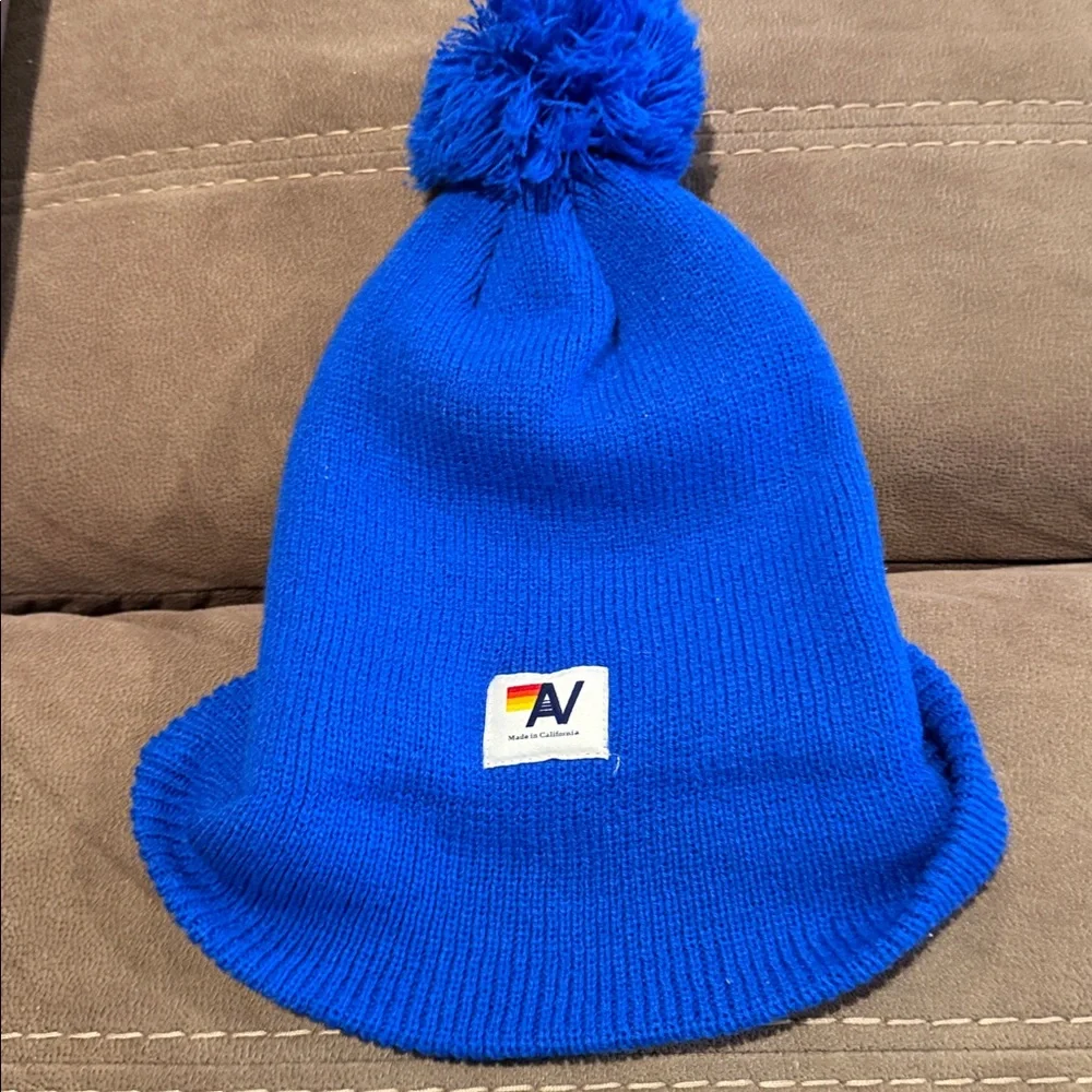 NEW!! Aviator Nation Blue Kids BOLT SMILEY POM POM RIB BEANIE
